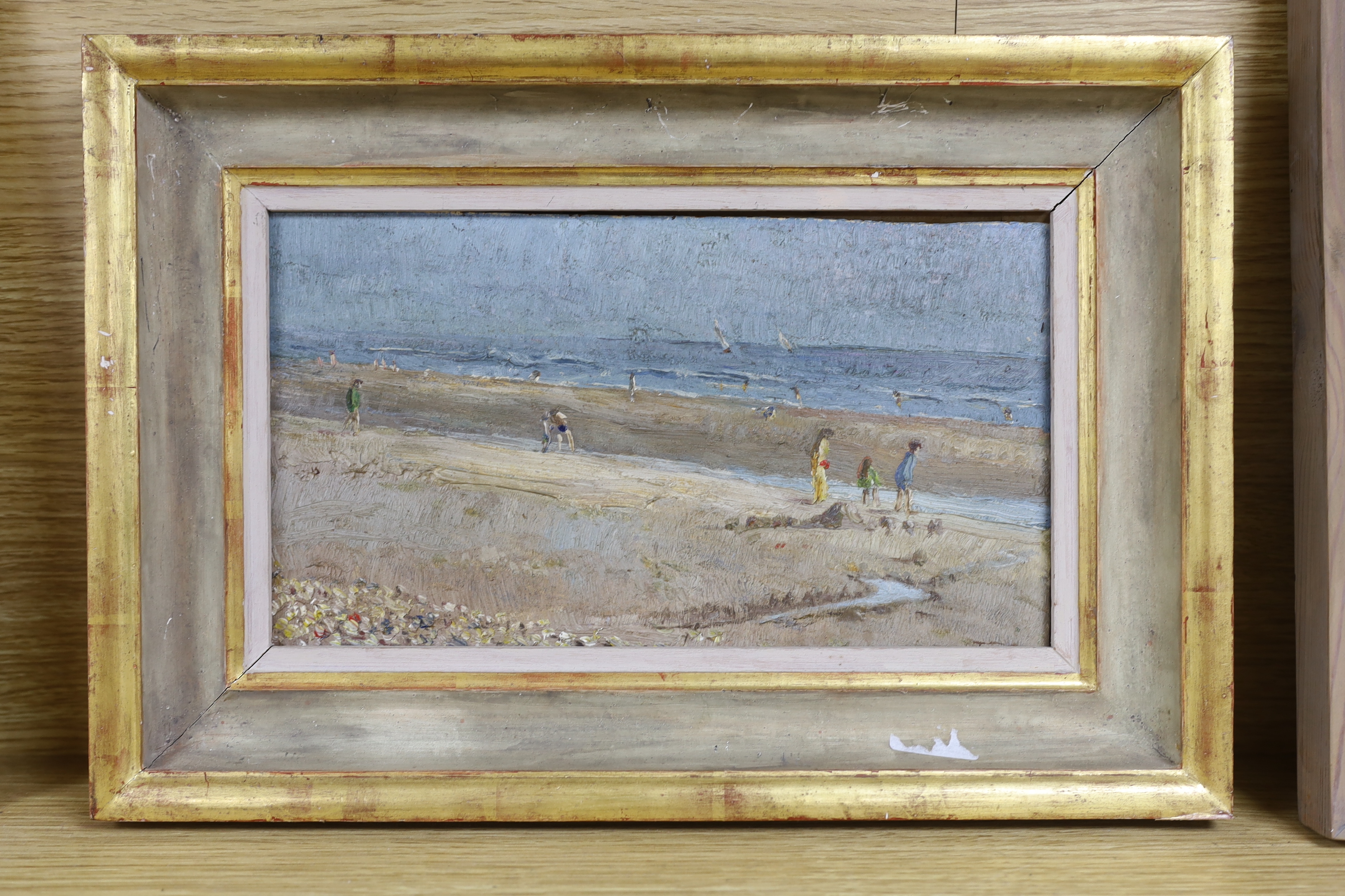 Modern British, oil on board, Figures on a beach, 15 x 28cm